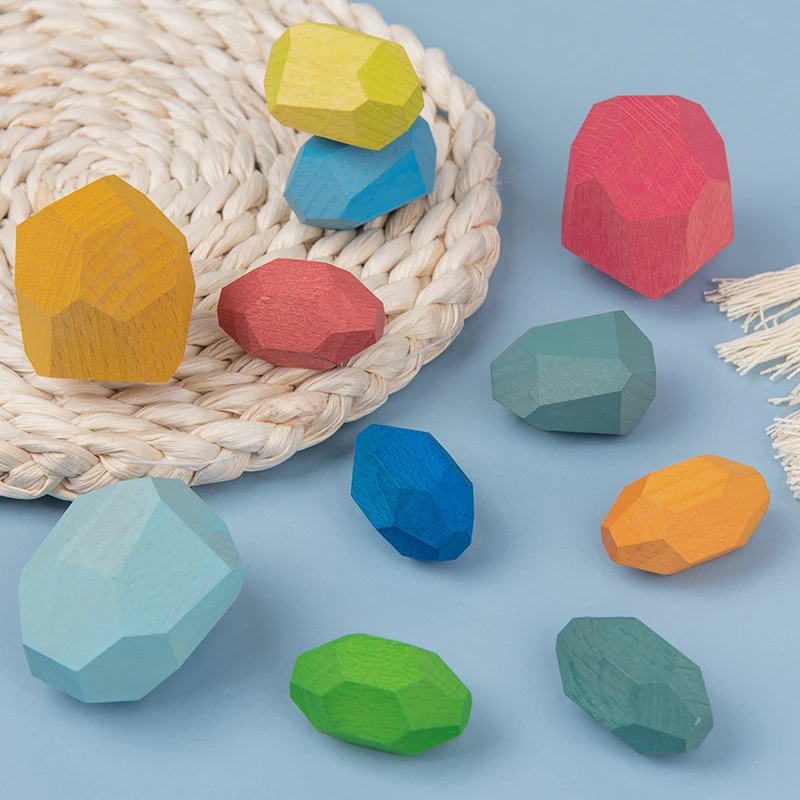 Kreatívne Drevené Farebné Kamenné Jenga Stavebné Bloky, Nordic Štýl Stohovanie Hra Vzdelávacie Rainbow Drevené Hračky pre Deti