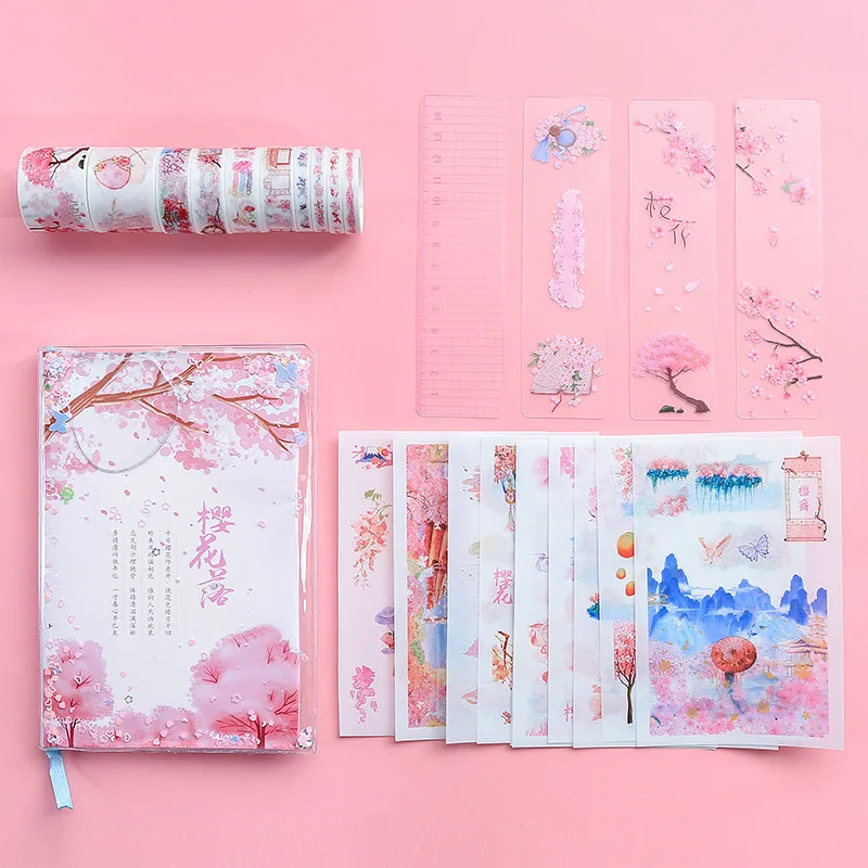 Kreatívne Sakura Príručka Darček Box Set Japonský Darčekové Balenie Student Notebook Darček Japonskej papierové pásky, nálepky pravítko