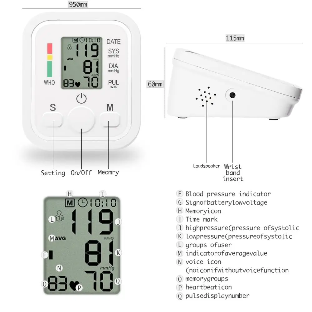 Krvný Tlak Monitor Prenosného Tonometer Domácnosti Rameno Kapela Typ Sphygmomanometer LCD Displej Presné Meranie