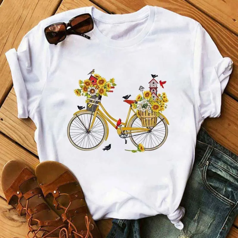 Kvet Cyklistické Tričká dámske Karikatúra Tlače Tshirts Harajuku T Shirt O-Krku Oblečenie Bežné Roztomilý Krátky Rukáv Topy Tees
