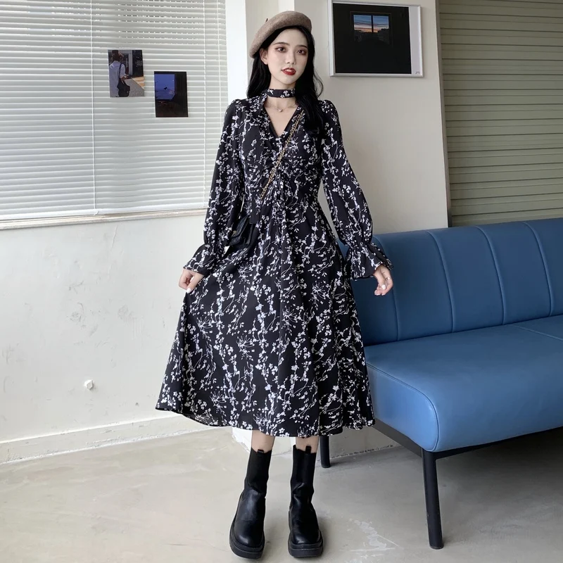 Kvetinové Šaty Žien Office Lady Bežné Strany Elegantné Šaty Žena Bežné Dlhý Rukáv V krku Jeden Kus oblečenia kórejský 2020 Jeseň