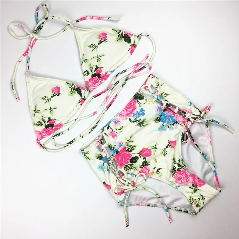 Kvetinový Vysoký Pás Bikini Set Čipky Plavky Ženy 2021 Plavky Kravatu Strane Obväz Plavky Plávanie Kostýmy, Plavky Badpak