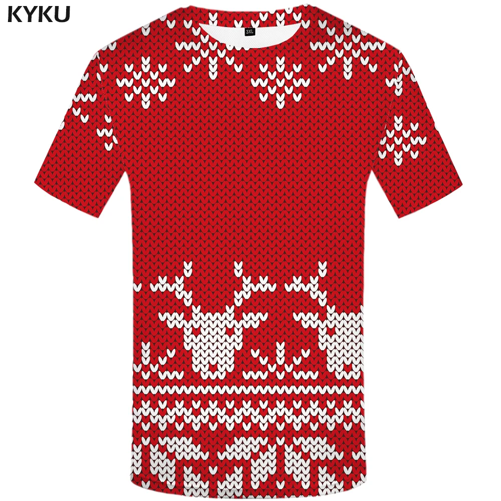 KYKU Vianočné T-shirt Mužov Vianoce Anime Šaty Červené tričká 3d Elk Tričko Printed Pletenie Tshirts Bežné Krátky Rukáv lete
