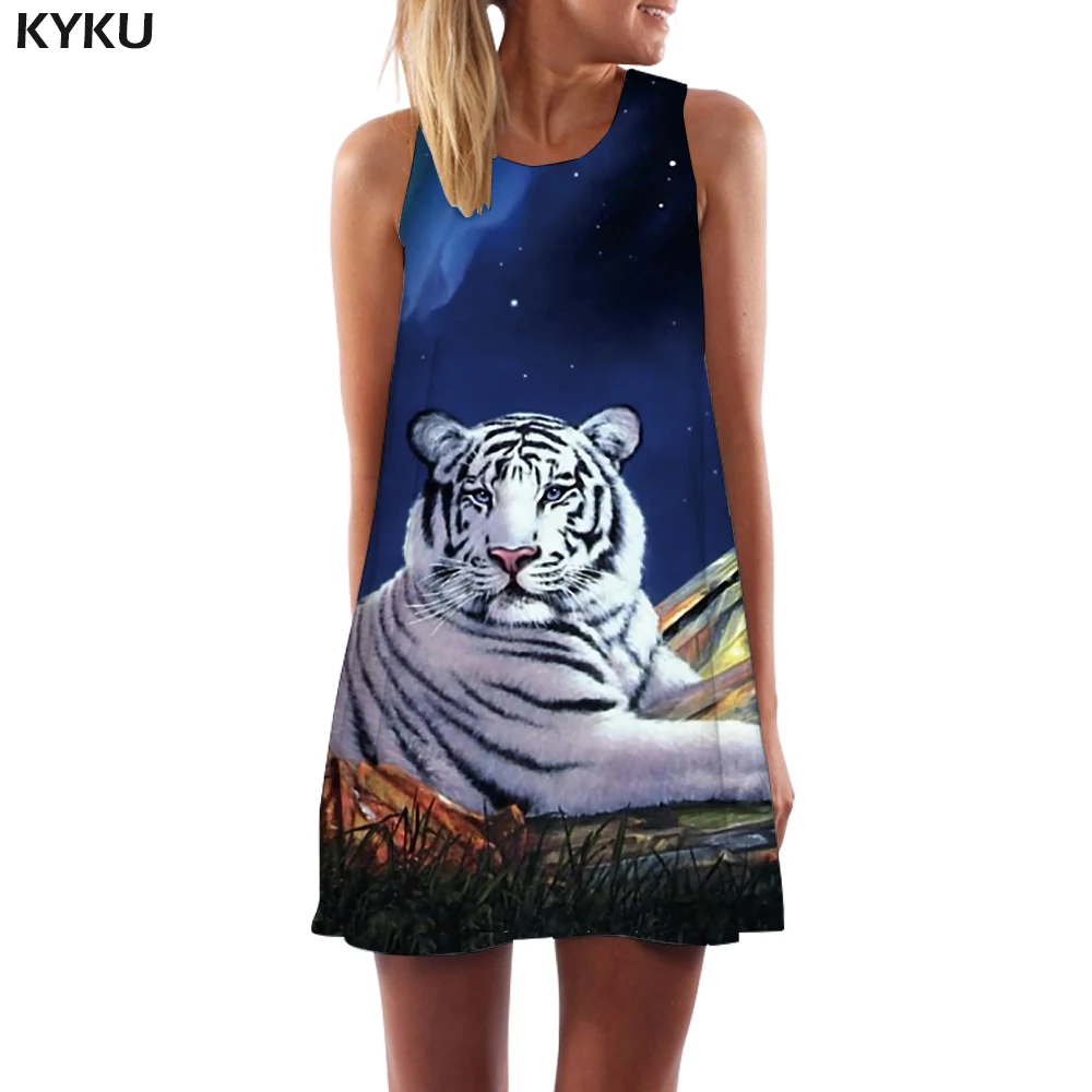 KYKU Značky Tiger Šaty Žien Horských Nádrž Zvierat Boho Harajuku Krátke Kreslené Sundress Dámske Oblečenie Vintage Nové