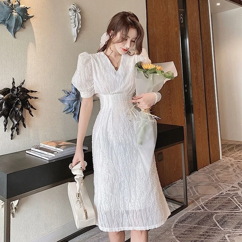 Kórejské ženy pevné biele šaty elegantné ženy v krku vysoký pás polovičný rukáv elegantné 2020 letné jarné šaty office Vestido Žena