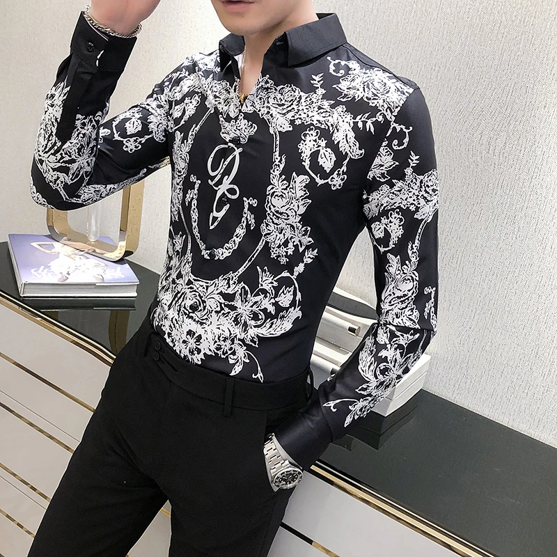 Kórejský Digital Print Tričko Muži Móda 2020 Streetwear Dlhý Rukáv Košele pre Mužov Slim Fit Bežné Blúzka Mužov Oblečenie 2Colors