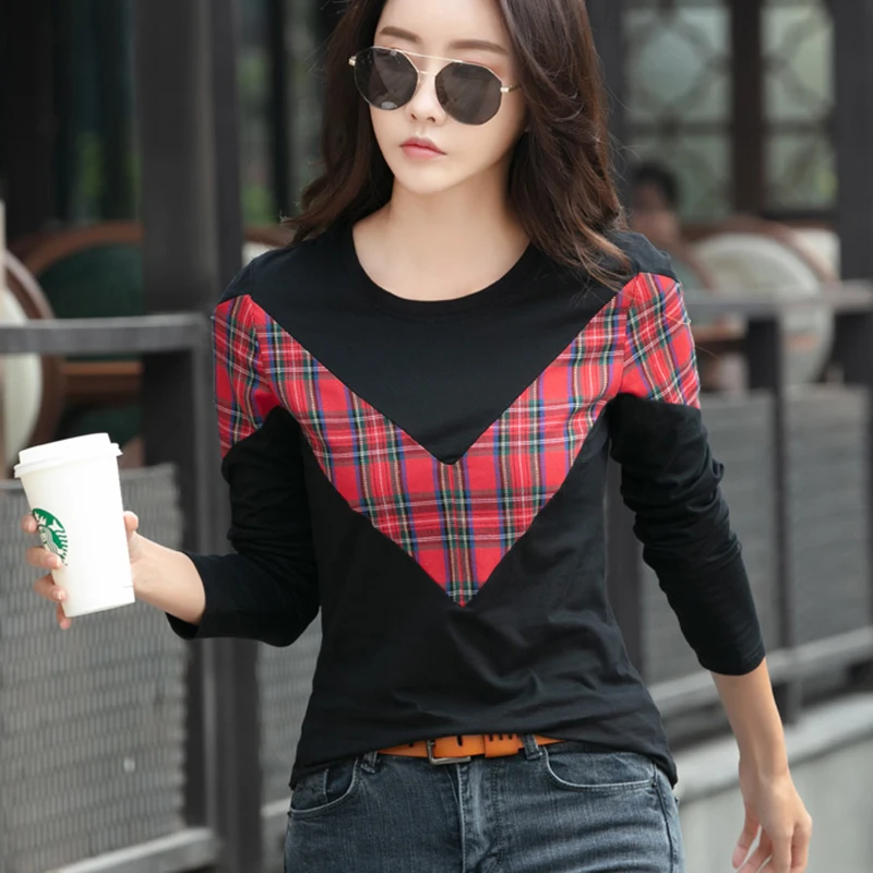 Kórejský Dámske Oblečenie 2020 Nové Módne Topy Jar Jeseň Bavlna, Dlhý Rukáv Tshirts Ženy Patchwork Tričko Tee Tričko Femme