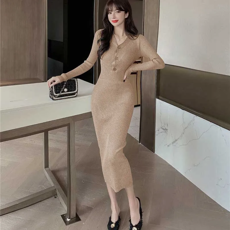 Kórejský Dámy Štíhle Šaty Elegantné Jednodielne Módne Pletené Svetre 2020 Zimné Ženy, Dlhé Rukávy Tvaru Šaty Lady