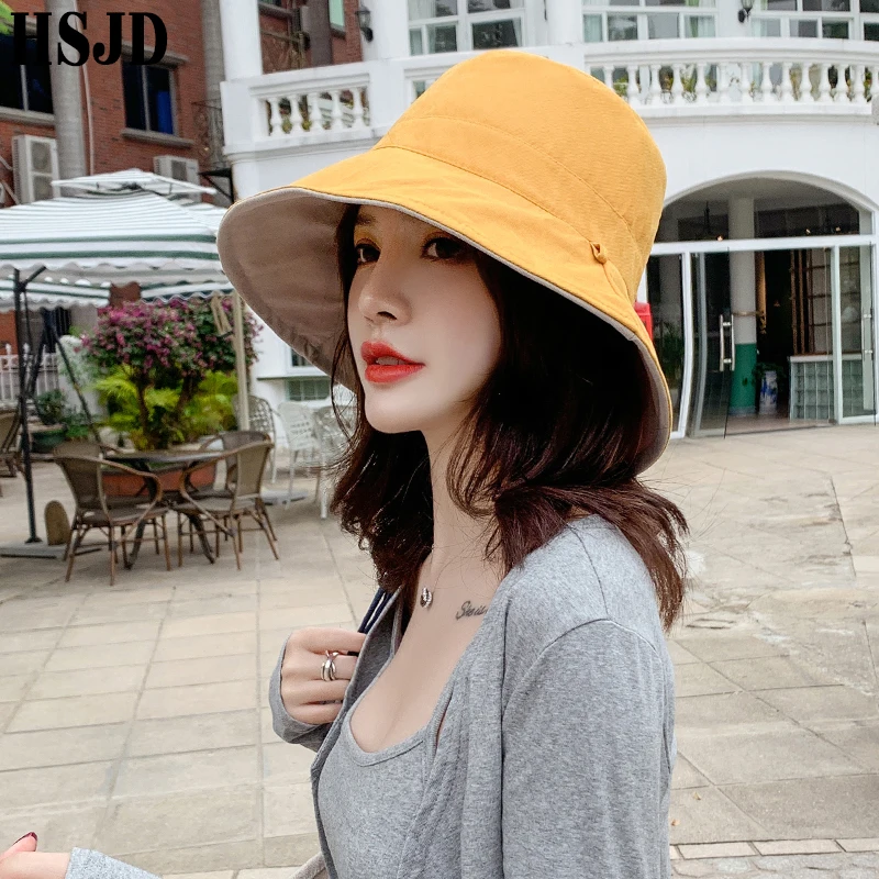 Kórejský List obojstranné Panama Skladacia Vedierko Hat Ulici pokrývku hlavy Lete Žena je Slnko Klobúky Široký Okraj Anti-UV Pláži Bežné Spp