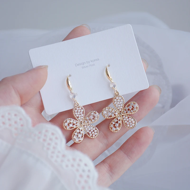 Kórejský Módne 14k Skutočné Zlato, Kvetinové Šperky pre Ženy Micro Vykladané Zirkón Pearl Stud Náušnice Svadobné Zapojenie Svadobné Šperky