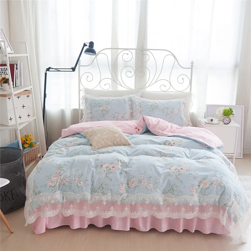 Kórejský pastoračnej kvetina tlače posteľná bielizeň nastaviť princezná prehrabať čipky douvet kryt elegantný pruhovaný posteľná bielizeň vrásky, prehoz cez posteľ