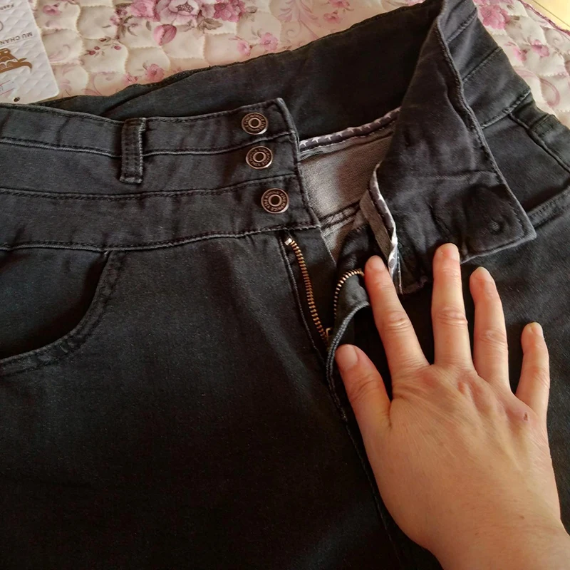Kórejský Tlačidlo vysoký pás ceruzka džínsy Ženy bežné veľké rozmery slim Jar Úsek skinny nohavice Vintage zadok zdvíhacie nohavice