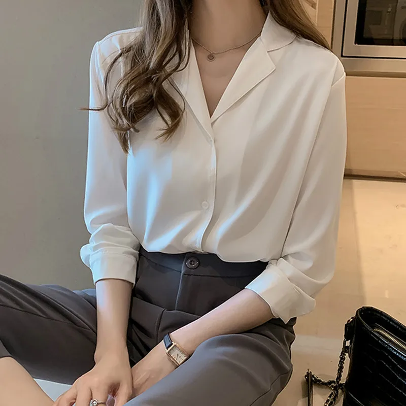 Kórejský V-neck Tričká Ženy Dlhý Rukáv Cardigan Oblečenie 2021 Ženy Šifón, Blúzky, Pevné Blusas Blusas Mujer De Moda 9380 50