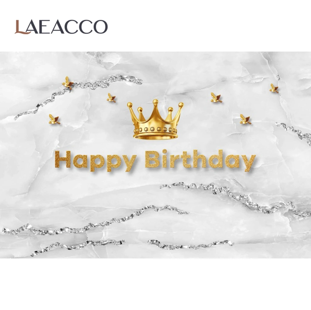 Laeacco Gray Mramorové Textúra Zlatú Korunu Happy Birthday Banner Na Mieru Portrét Pozadí Fotografie Pozadie Photocall