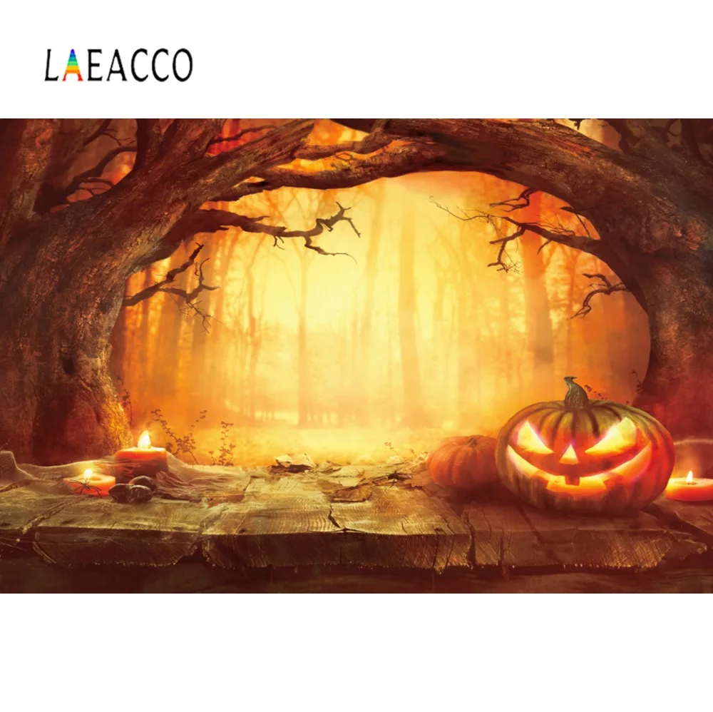 Laeacco Halloween Lesa Pozadie Fotografie Starý Strom Drevené Podlahy Sviečka Tekvicová Party Detské Scény Foto Pozadie Photostudio