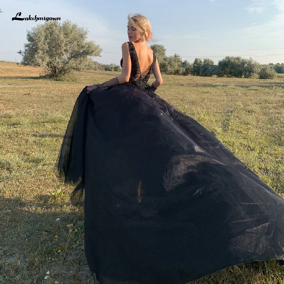 Lakshmigown Klasické Svadobné Sexy Gotický Čierne Svadobné Šaty Vysoká Rozdeliť 2021 Luxusné Tylu Mariage tvaru Čipky Svadobné Šaty