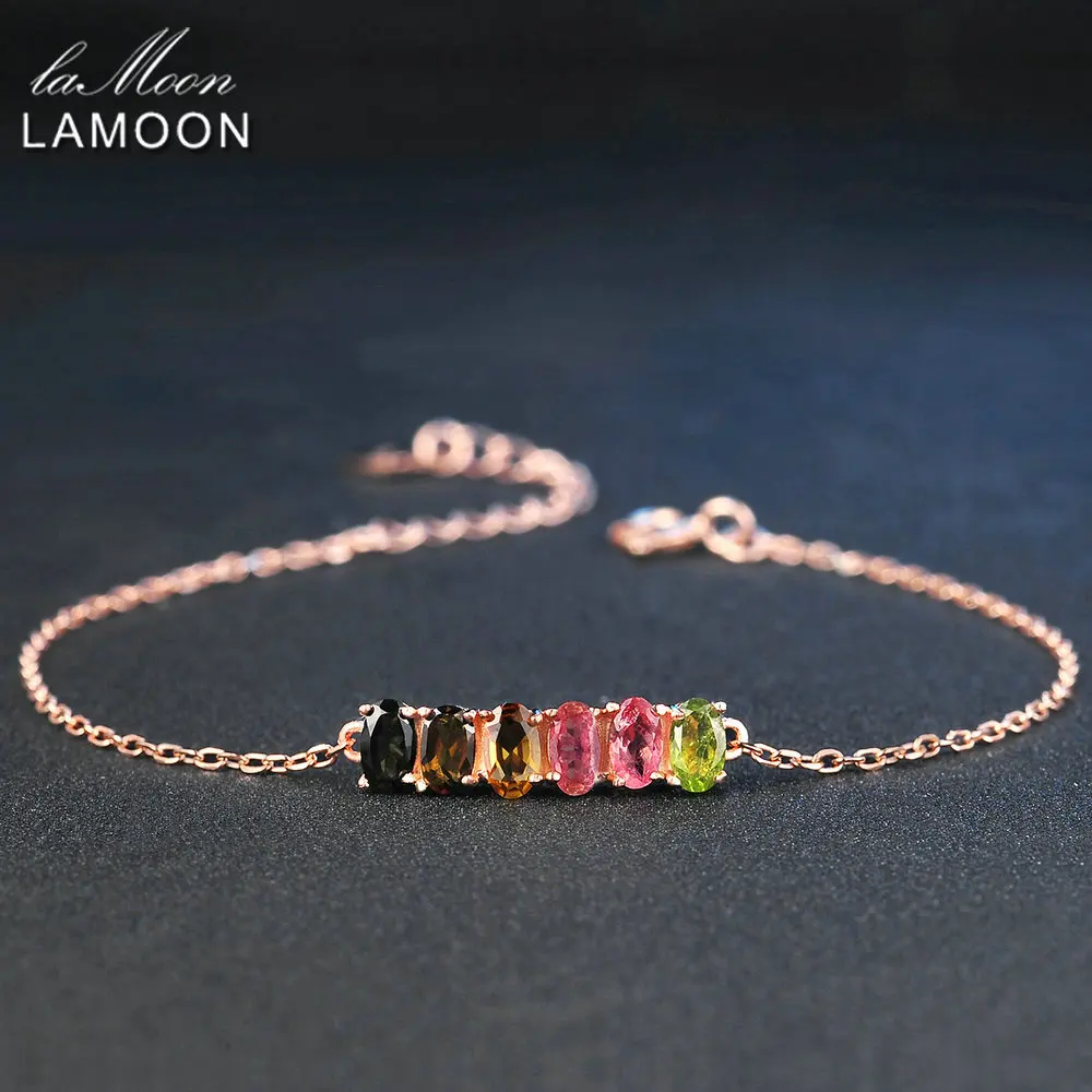 LAMOON Klasické Prírodné 6pcs Multi-Farebné Oválne Turmalín 925 Sterling Silver Šperky S925 Náramok LMHI018