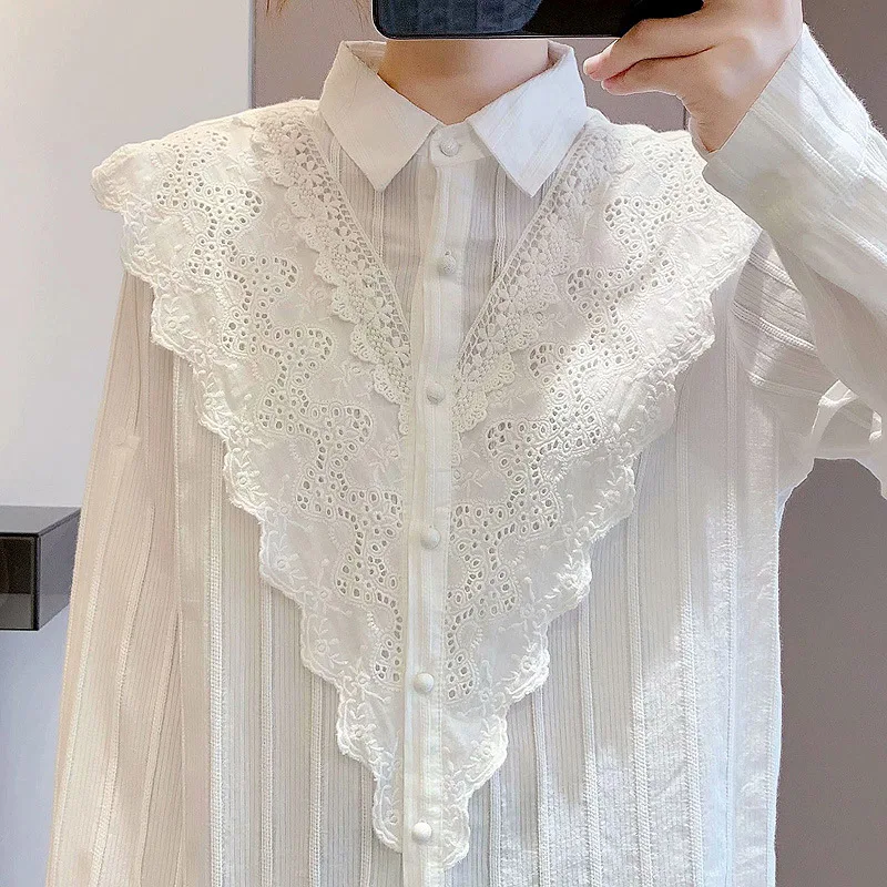 Lamtrip vintage čipky patchwork preppy štýl bavlnené tričko s dlhým rukávom 2020 jeseň blúzka ženy