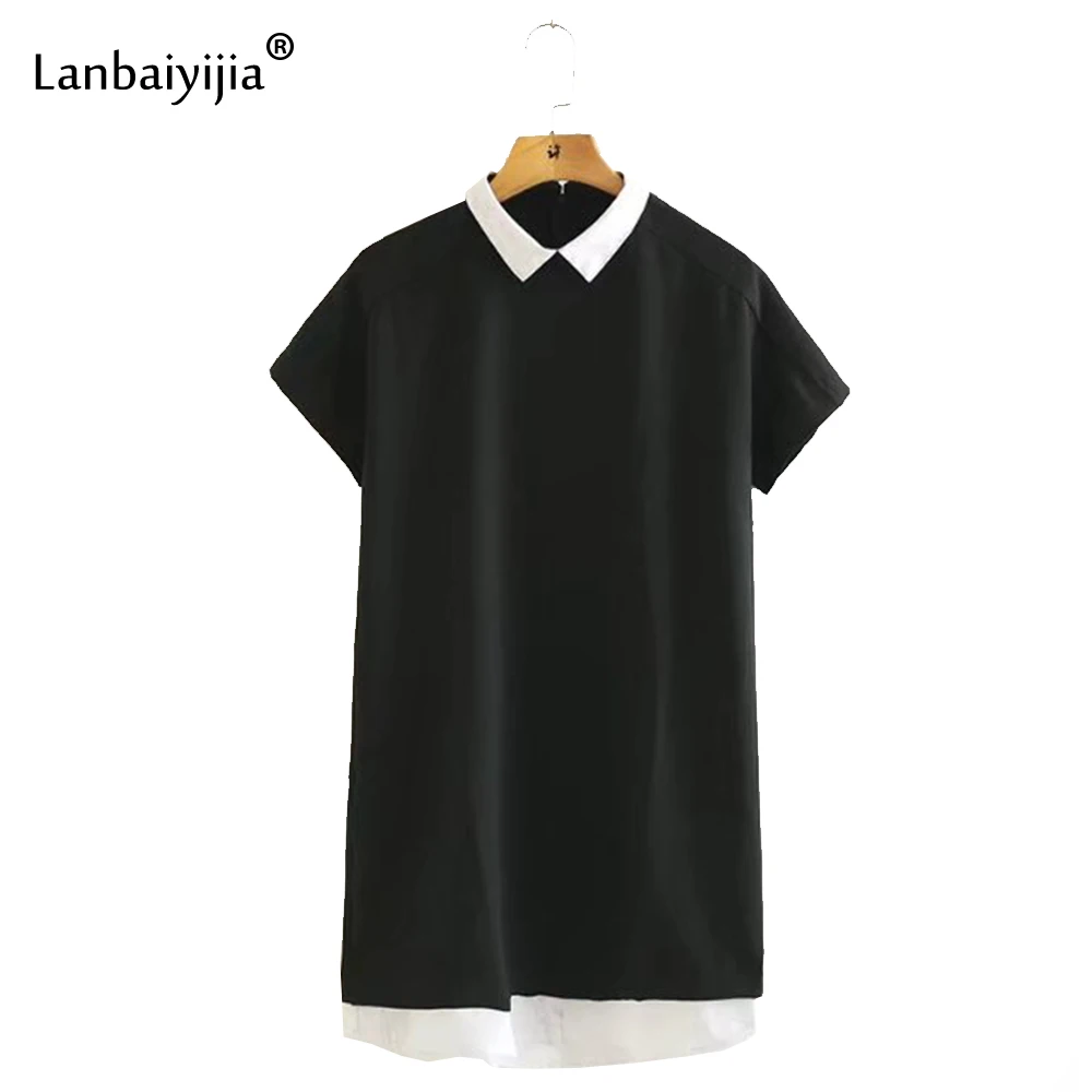Lanbaiyijia kontrast Čiernej a bielej farby patchwork Letné šaty Žien Voľné peter pan golier Šaty krátke Rukáv ženy šaty