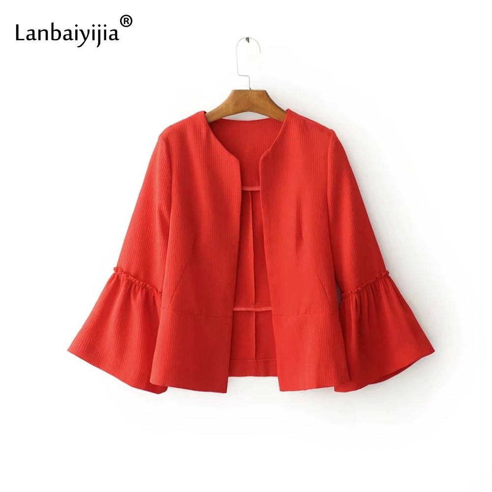 Lanbaiyijia Ženy Pevné Bunda tvaru Svetlice Rukáv Otvorenie Steh Office Lady vrchné oblečenie, Krátke Voľné Ženy Coats 2 Farby S M L
