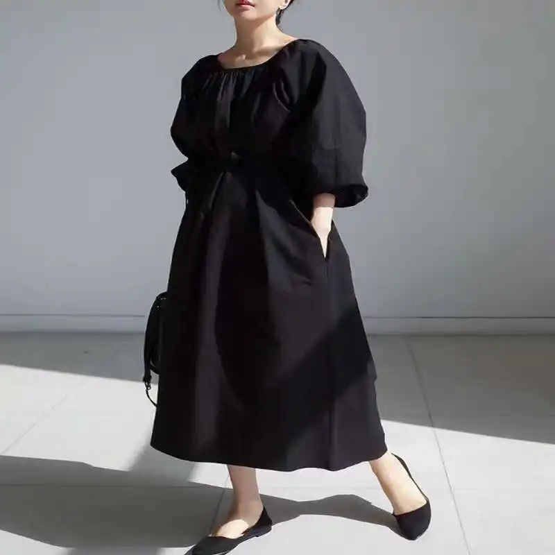 LANMREM 2020 nové jarné a letné módy svietidla rukávy okrúhle krčný pulóver voľné veľké rozmery tričko šaty žena vestido WM13701