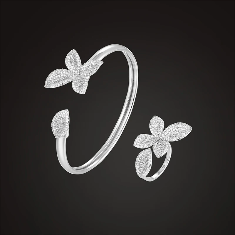 Lanruisha luxusné šperky set rastlín stereo leaf náramok s krúžkom 3a zirkón micro pave nastavenie klasické módne šperky za darček