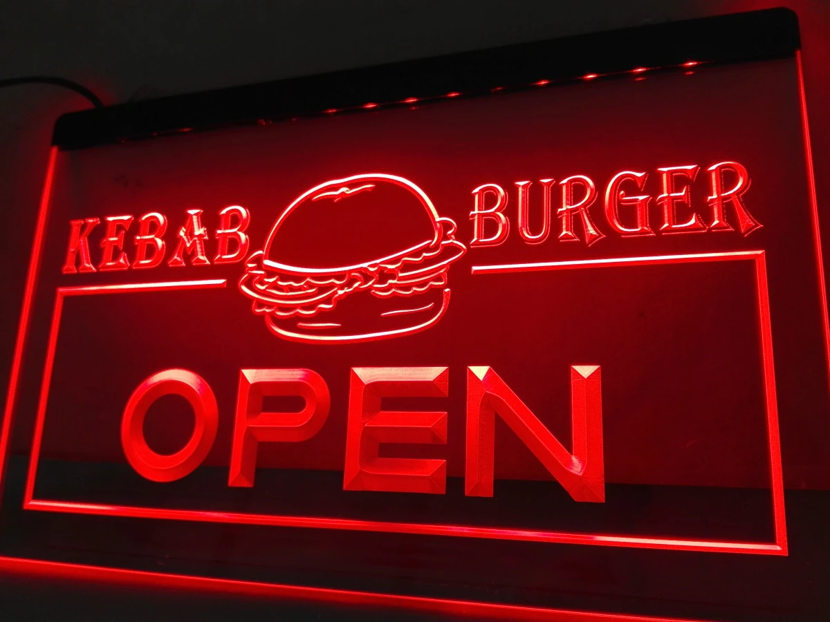 LB167 - OTVORENÉ Kebab Burger, Kaviareň, Fast Food LED, Neónové Svetlo, Prihláste domova remeslá