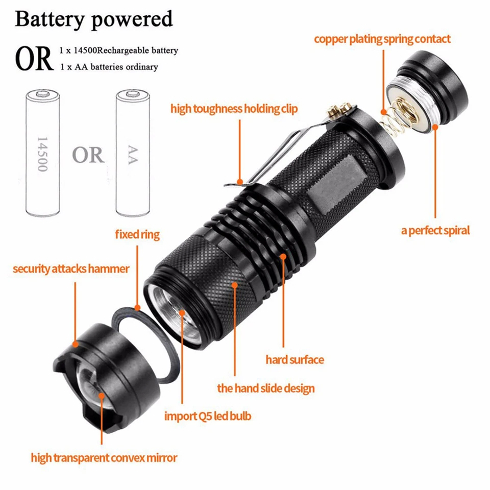 LED Mini Baterka O5 Prenosné Super svetlé Troch Nepremokavé Vonkajšie Zoomovateľnom AA Nabíjateľné 14500 Batérie Camping Baterky