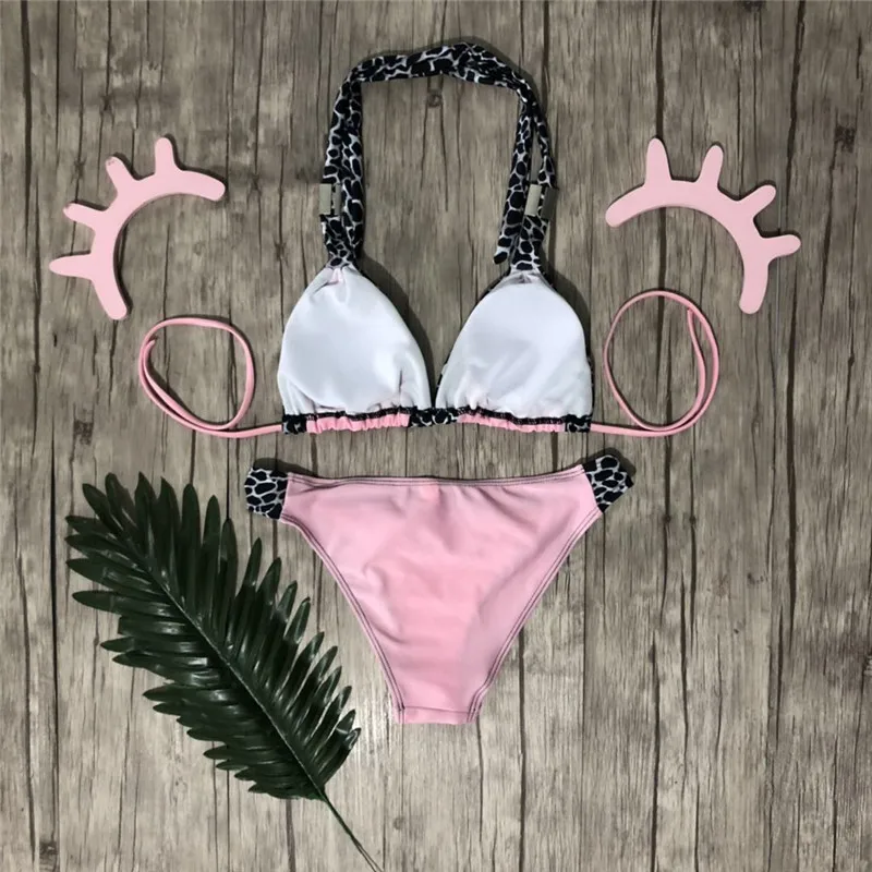 Leopard tlač bikini push up Ružové plavky 2019 Extrémne bikini mikro plavky s uväzovaním za ženské brazílsky dvojdielne obleky