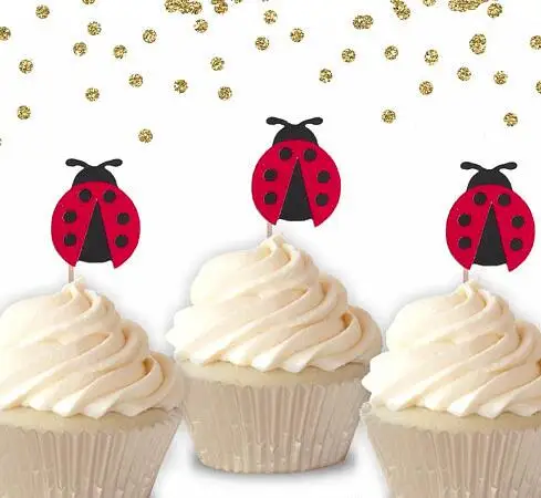 Lesk lady bugs narodeniny cupcake mulčovače, krst, Krstiny party dekorácie prstencového potravín, špáradlá