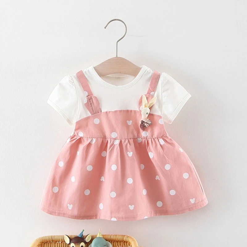 Letné Baby Girl Princezná Šaty Falošné 2 Kus Batoľa Dot Vzor Krátky Rukáv Bavlna Sundress Šaty