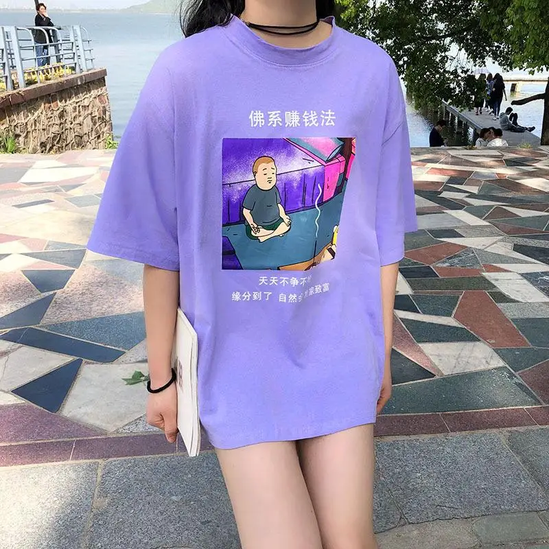 Letné Bežné Tričko Ženy Zábavné Čínske Písmeno Topy Dámske Tričko Módne Fialové Cartoon Vytlačené Nadrozmerná Topy