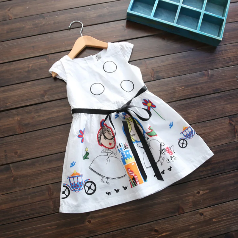 Letné Dievčenské Šaty 2020 Nový Roztomilý Kreslený Vzor Deti Šaty pre Dievča 2 3 4 5 6 7 8 Rok Deti Biele Princess Party Oblečenie