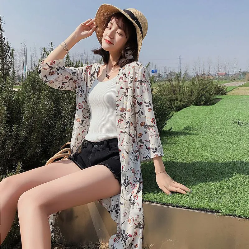 Letné dámske Kvetinové Kimino Blúzka Strednej Dĺžky Šifón Ochranu pred Slnkom Cardigan kórejský Štýl Voľné Tričko Oblečenie