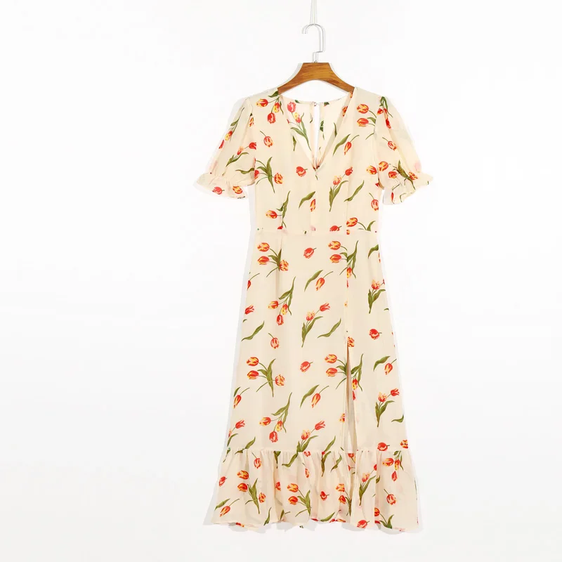 Letné dámske šaty bežné kvetina tlače V-krku-krátke rukávy slim šaty Vestidos
