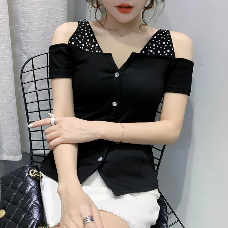 Letné kórejské Oblečenie T-košele Off Sexy Ramenný Tlačidlo Ženy Topy Ropa Mujer Tričko Krátky Rukáv Späť Tees 2020 New Black T04908