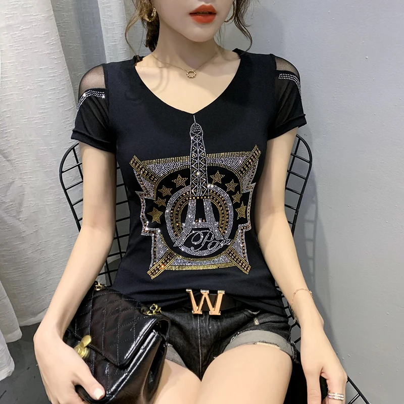 Letné kórejské Oblečenie T-shirt Módne Diamanty Eiffelova Veža Ženy Topy Ropa Mujer Nylon Sexy Späť Tričko Tees 2020 Nové T04817