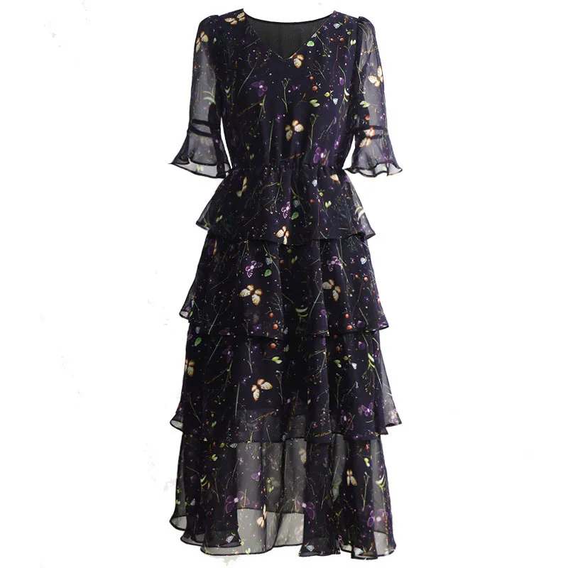 Letné šaty nové fialový motýľ kvetinový šifón šaty žena štíhly vysoký pás a big swing tortu šaty žien oblečenie pevné
