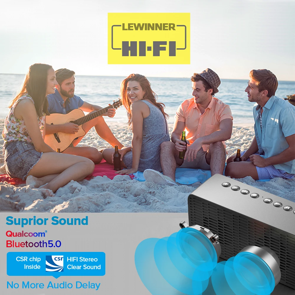Lewinner BT506F Bluetooth Reproduktor Super Bass Bezdrôtový Stereo zvuk Podpora TF AUX FM zrkadlo Budík reproduktor Telefónu