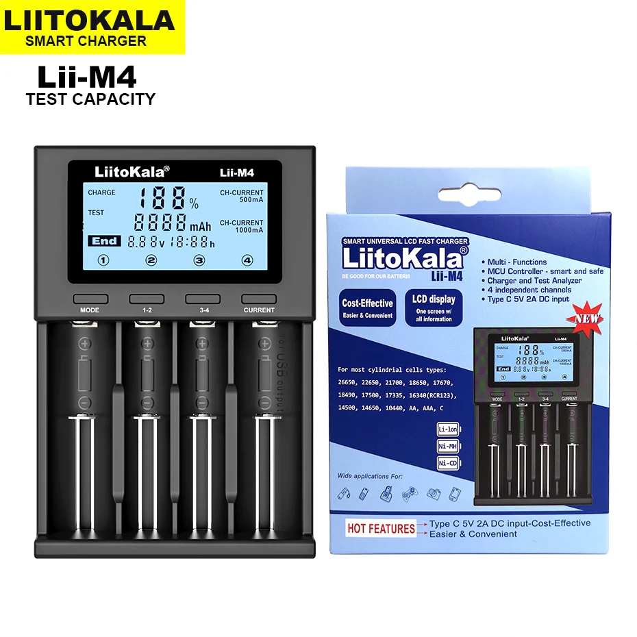 LiitoKala Lii-M4 18650 Nabíjačky, LCD Displej Univerzálny Inteligentné Nabíjačky Test kapacity pre 26650 18650 21700 18500 AA AAA atď 4slot