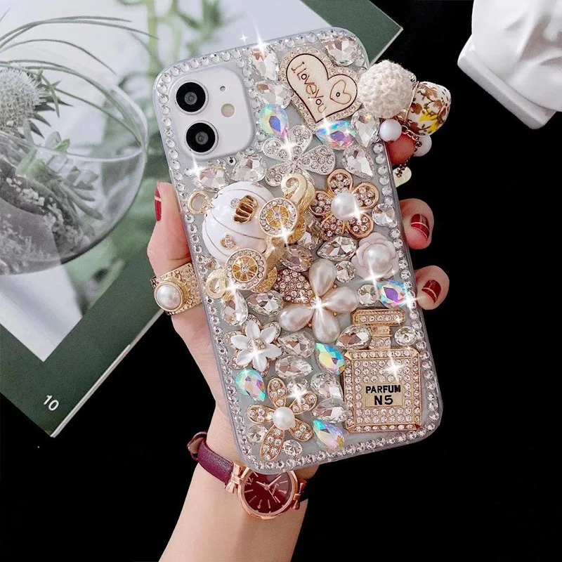 Luxusné Bling Gold Crystal Pearl Diamantový Skvost, Kvet puzdro Pre iPhone 12 Mini 11 Pro XS Max XR X 8 7 6 Plus SE Ručné Prípade