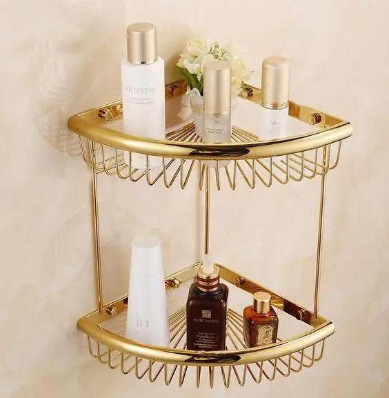 Luxusné Zlaté Leštené Pevné Brass Rohu Koša 2 Vrstvy Starožitné Pozlátené Kúpeľňa Polica kúpeľňové Doplnky na Stenu HW