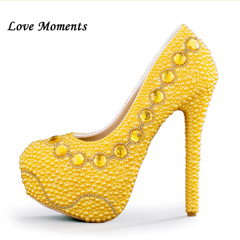 Láska Momenty NOVÝ príchod žltá svadobné topánky ručne vyrábané svadobné topánky gold pearl strany topánky 8 cm/11 cm/14 cm podpätku veľká veľkosť