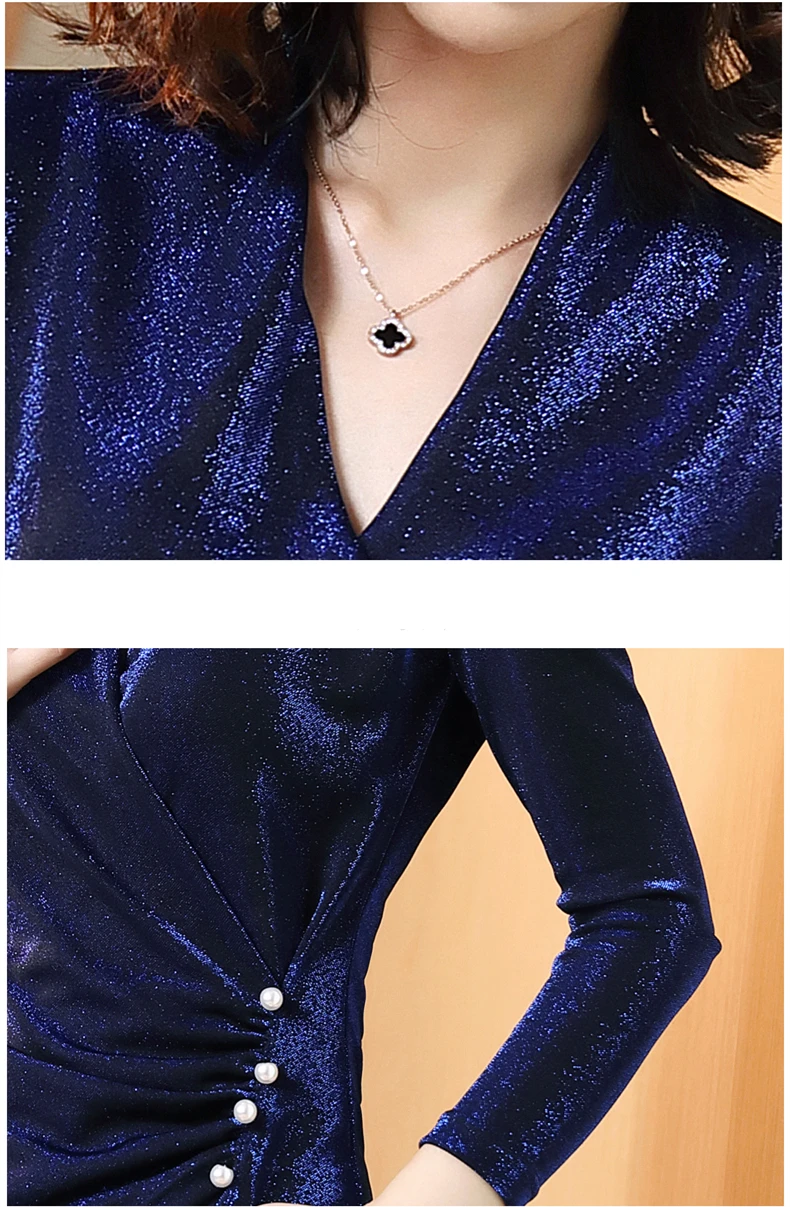 M-4xl Kráľovská Modrá tvaru Lesklé Topy, Blúzky Ženy Plus Veľkosť Jar Jeseň Dlhý Rukáv Slim Office kórejský Elegantné Pulóvre Blusas