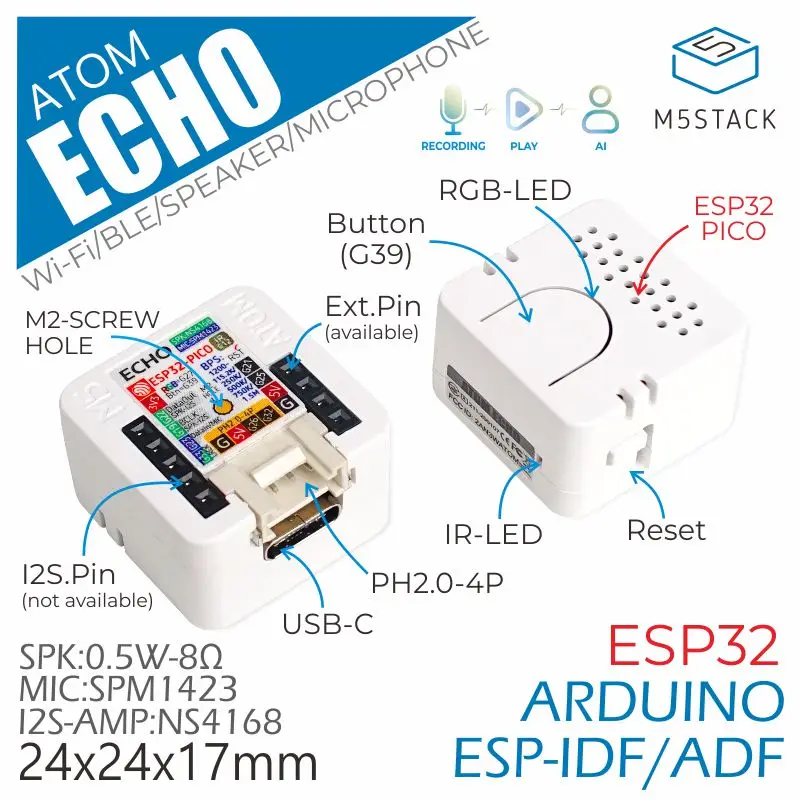 M5Stack ATÓM Echo programovateľné smart reproduktor so zabudovaným ESP32 Bluetooth, Wi-Fi Internet Vecí