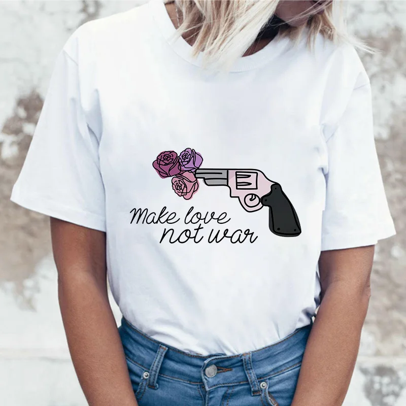Make love not war t-shirt Tenké časti tričko žena 2019 Nové letné módy lumbálna Ženy tričko Harajuku Tees oblečenie, Topy