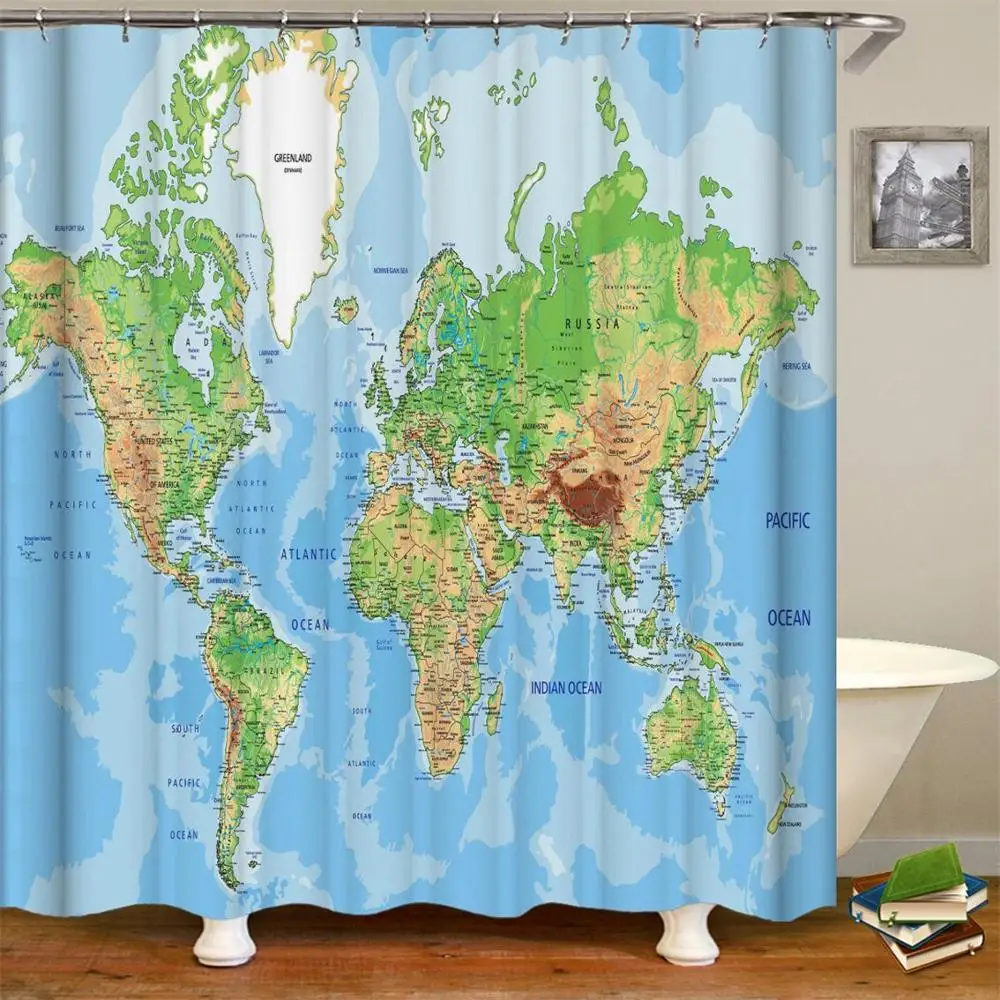 Mapa Sveta, Sprchový Záves Nová Kúpeľňa Tkaniny Polyester S Krajín A Miest Tlač Sprchový Záves S Háčikmi