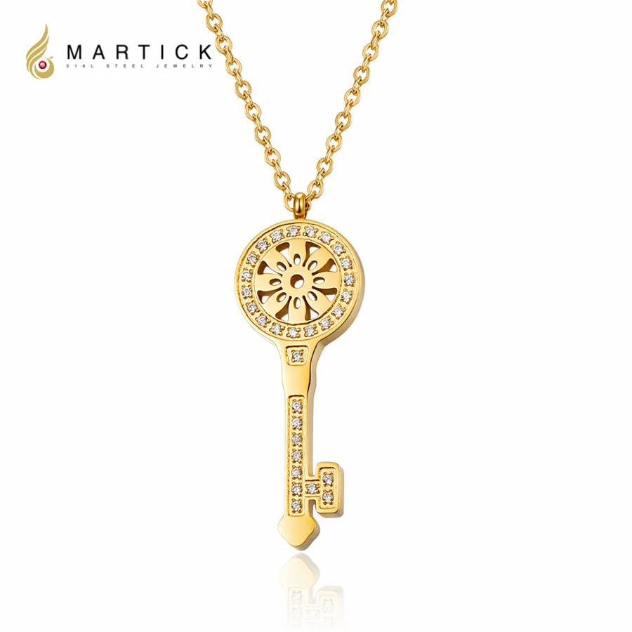 Martick 316L Nerezovej Ocele Gold-farba Slnka, Kvet Kľúčový Prívesok Reťazí Crystal Náhrdelník Módne Šperky Pre Ženy P75