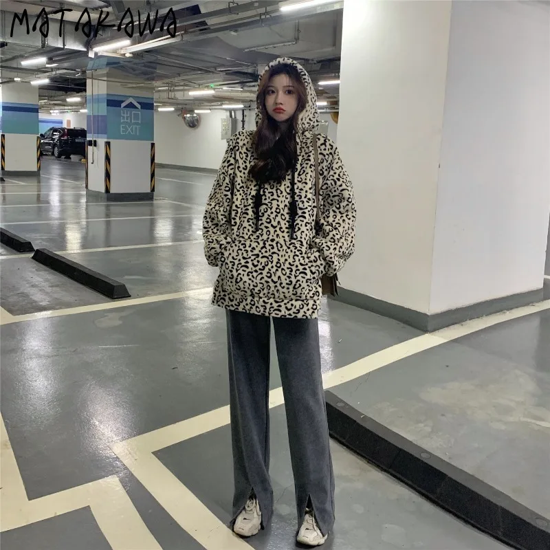 MATAKAWA Jeseň 2020 Nová mikina s Kapucňou kórejský Elegantné Voľné Leopard Vlna Mikina Zimné Oblečenie Žien, Mikiny Vintage
