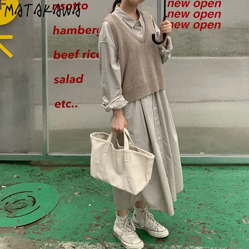MATAKAWA Príležitostné Voľné Tričko Šaty Žena kórejský Elegantný Minimalistický Single-breasted Dlhý Rukáv Šaty Vintage Vestidos